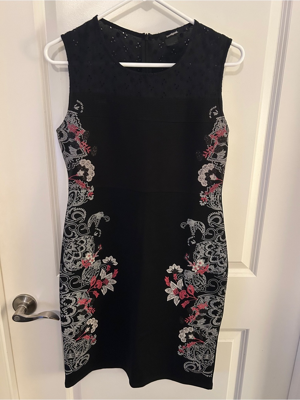 Desigual Black Midi Dress with Pink & White Floral Embroidery